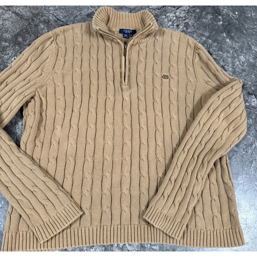 Chaps Women Pullover 1/4 Zip Cable Knit High‎ Neck Sweater Preppy Beige Sz XL